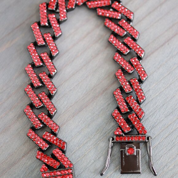 14mm 8inches Cuban Curb Diamond Chain Red/Black Plated Bracelet with Rhinestones - Picture 2 of 3